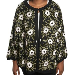 Frances Valentine Black Embroidered Floral Cardigan Coat Hidden Button Front 1X